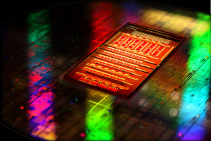 A CMOS silicon photonics chip.