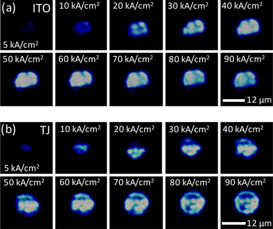 Figure 1: Voltage, light output power versus current characteristics of TJ VCSEL and ITO VCSEL measured under pulsed operation (0.3% duty cycle, 100ns pulse width).