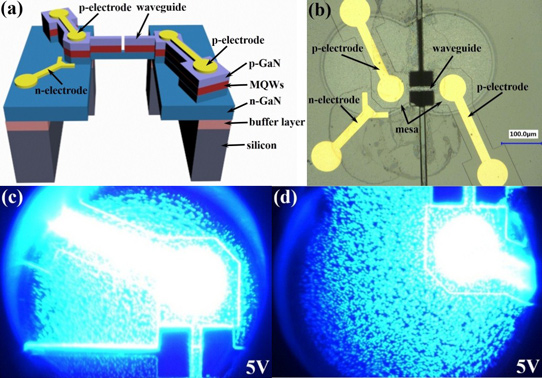 Schematic cross section of integrated devices; (b) optical micrograph of suspended devices; (c, d) optical micrographs of light emission images obtained from silicon substrates.