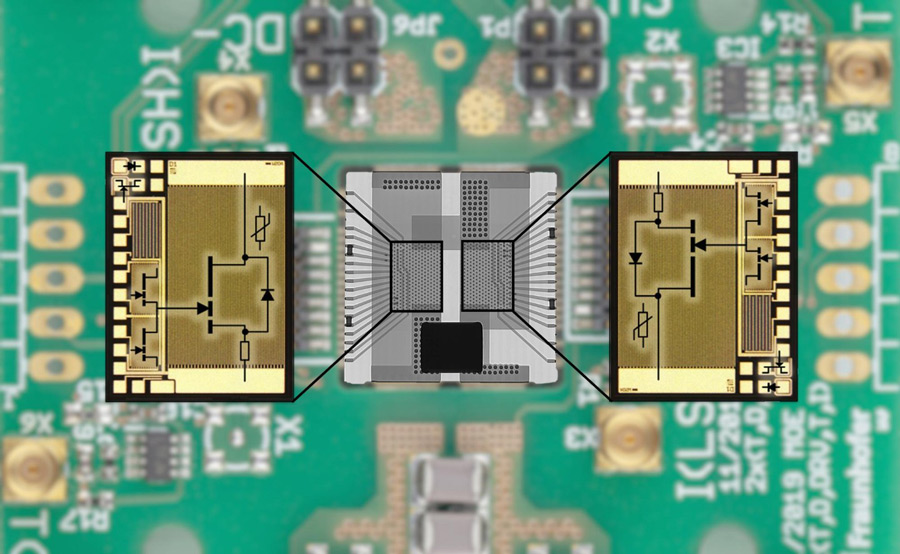 X-ray image of half-bridge circuit and circuit diagram of the integrated GaN Power ICs. 