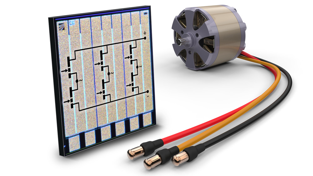 Fraunhofer IAF's 3-phase motor inverter GaN IC is integrated in a 2mm x 2mm chip and provides three half-bridges for driving a brushless DC (BLDC) motor. © frog - stock.adobe.com/Fraunhofer IAF. 