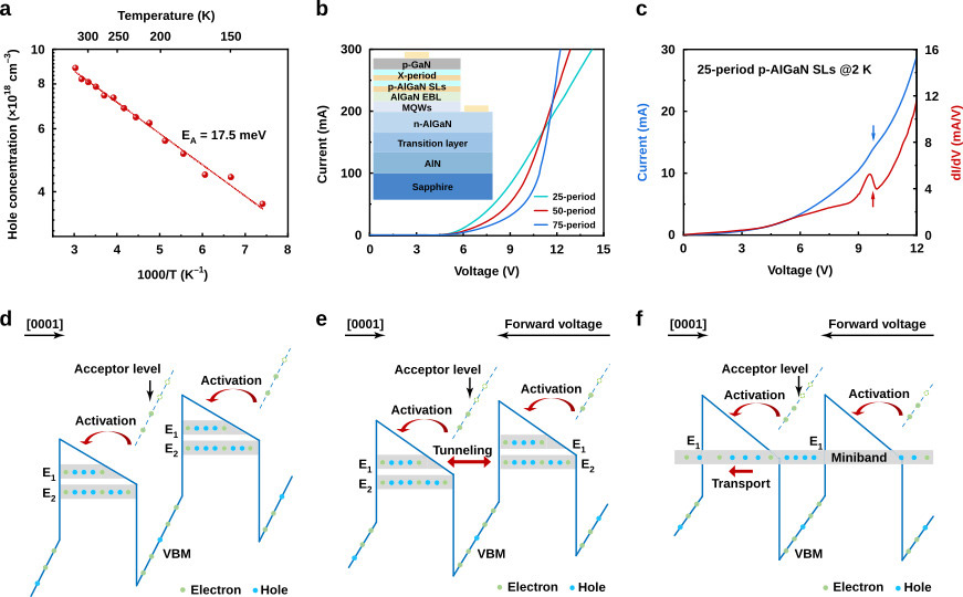 Figure 1. Electrical properties of desorption-tailored Al-rich p-AlGaN SLs. (a) Temperature dependence of hole concentration. (b) Current-voltage (I-V) curves at room temperature of DUV-LED structures (inset) with p-AlGaN SLs period numbers of 25, 50 and 75, respectively. (c) I-V and corresponding dI/dV curves at 2K of DUV-LED structure with 25-period p-AlGaN SL. (d) Upward inclining of p-AlGaN SL energy (valence-band maximum, VBM) band profile along [0001] direction at equilibrium. (e) Resonant tunneling between E1 and adjacent E2 with flattened profile along [0001] direction under forward voltage. (f) Formation of minibands at even higher forward voltage.